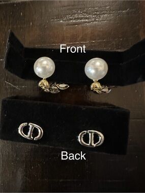 SIlver Pearl Drop Earrings with Interlocking Logo Accent - White gold